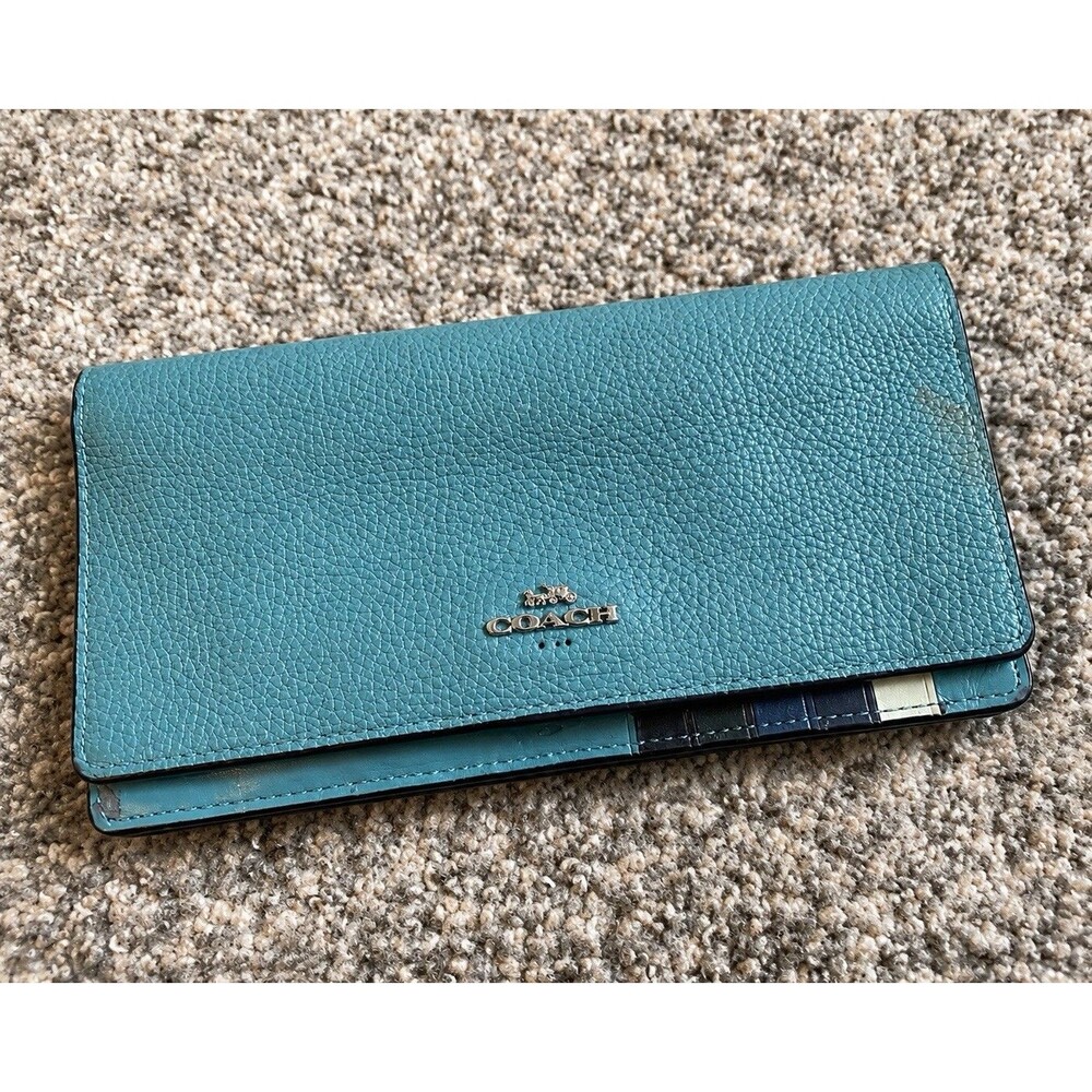 Coach Anna Blue Pebbled Leather Slim Long Wallet Checkbook Organizer Snap Clutch